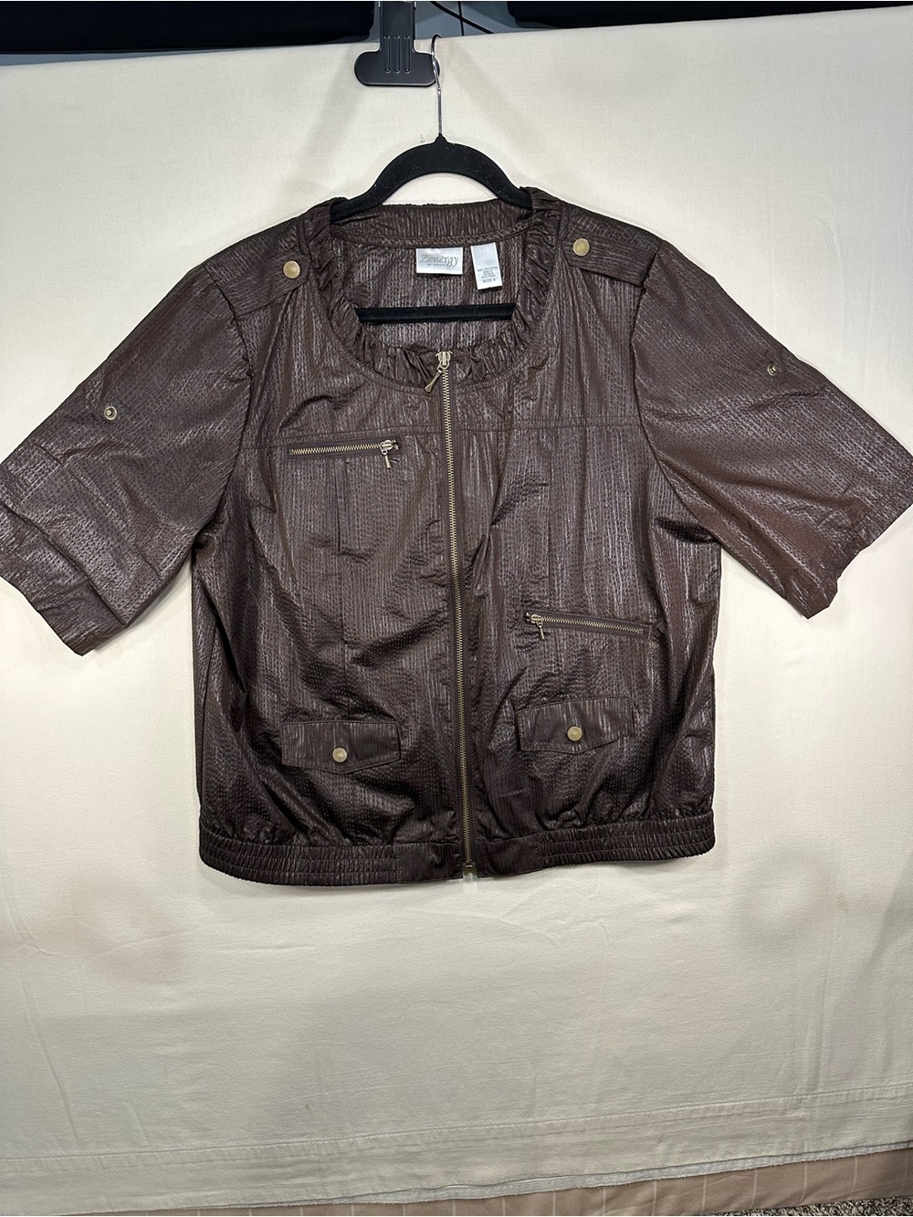 Chico's Zenergy Brown Shimmer Crinkle Short Sleeve Zip Utility Bomber Jacket 2